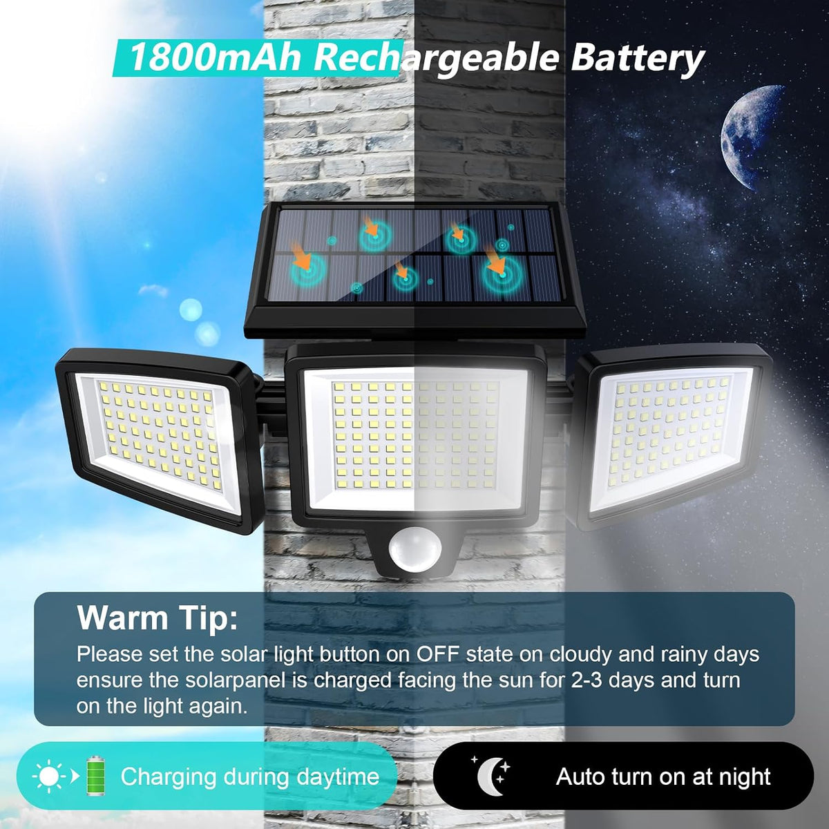 built-in 1800mah rechargeable battery paired with high-efficiency solar panel