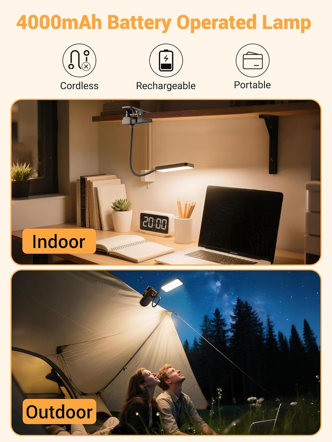 built-in 4000mah rechargeable lithium battery, 4.5–24 hour runtime, supports pass-through charging