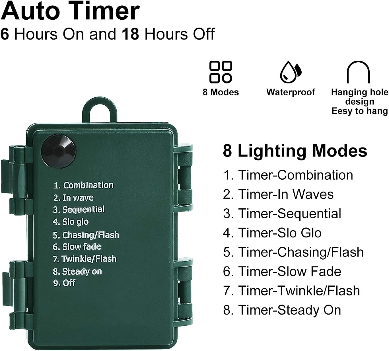 built-in automatic timer (6 hours on / 18 hours off)
