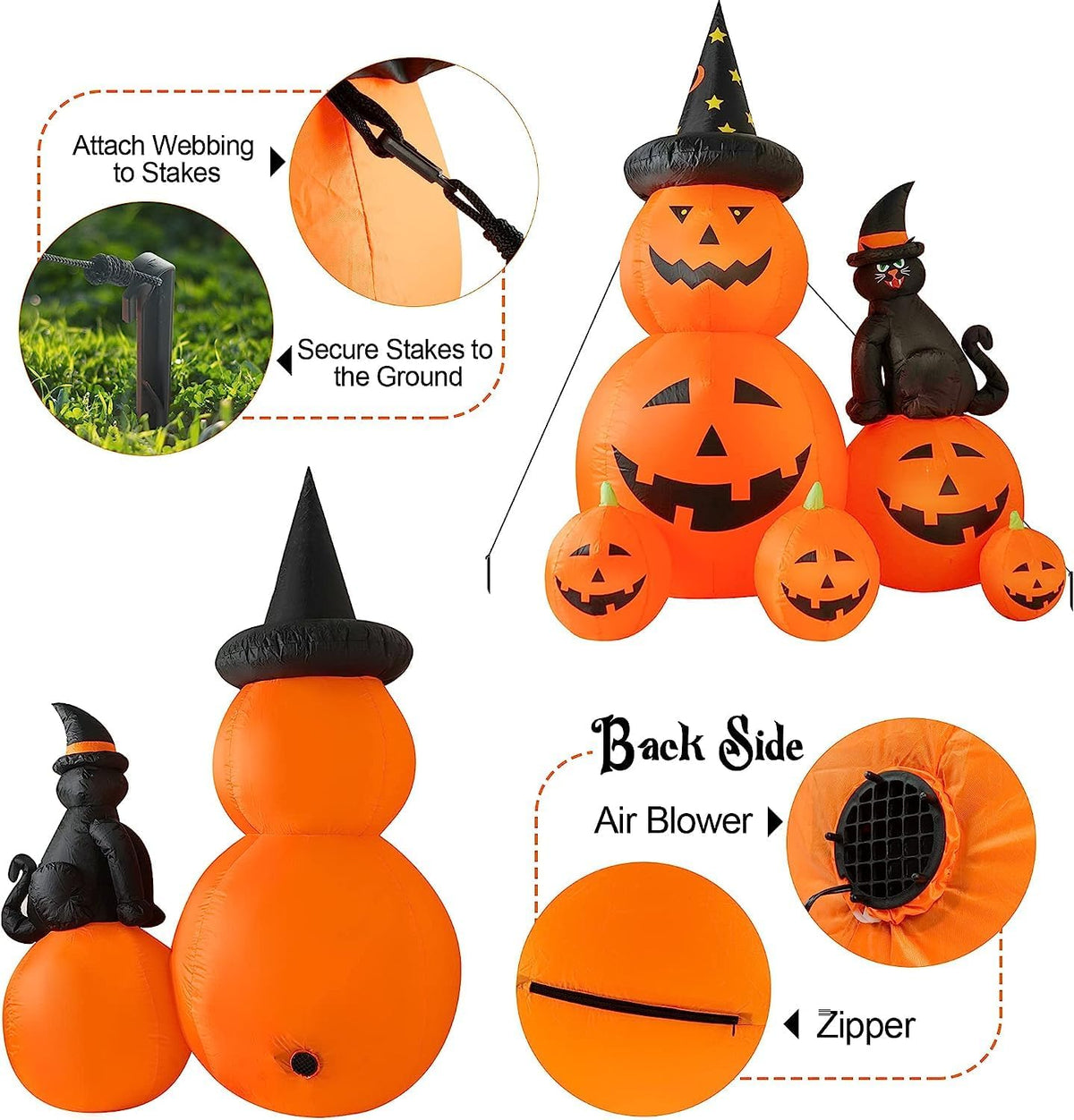 HauntedMoors Halloween Inflatable 6 FT Black Cat Ghost Pumpkin – Living Room and Porch Seasonal Decor with Bright White Illumination