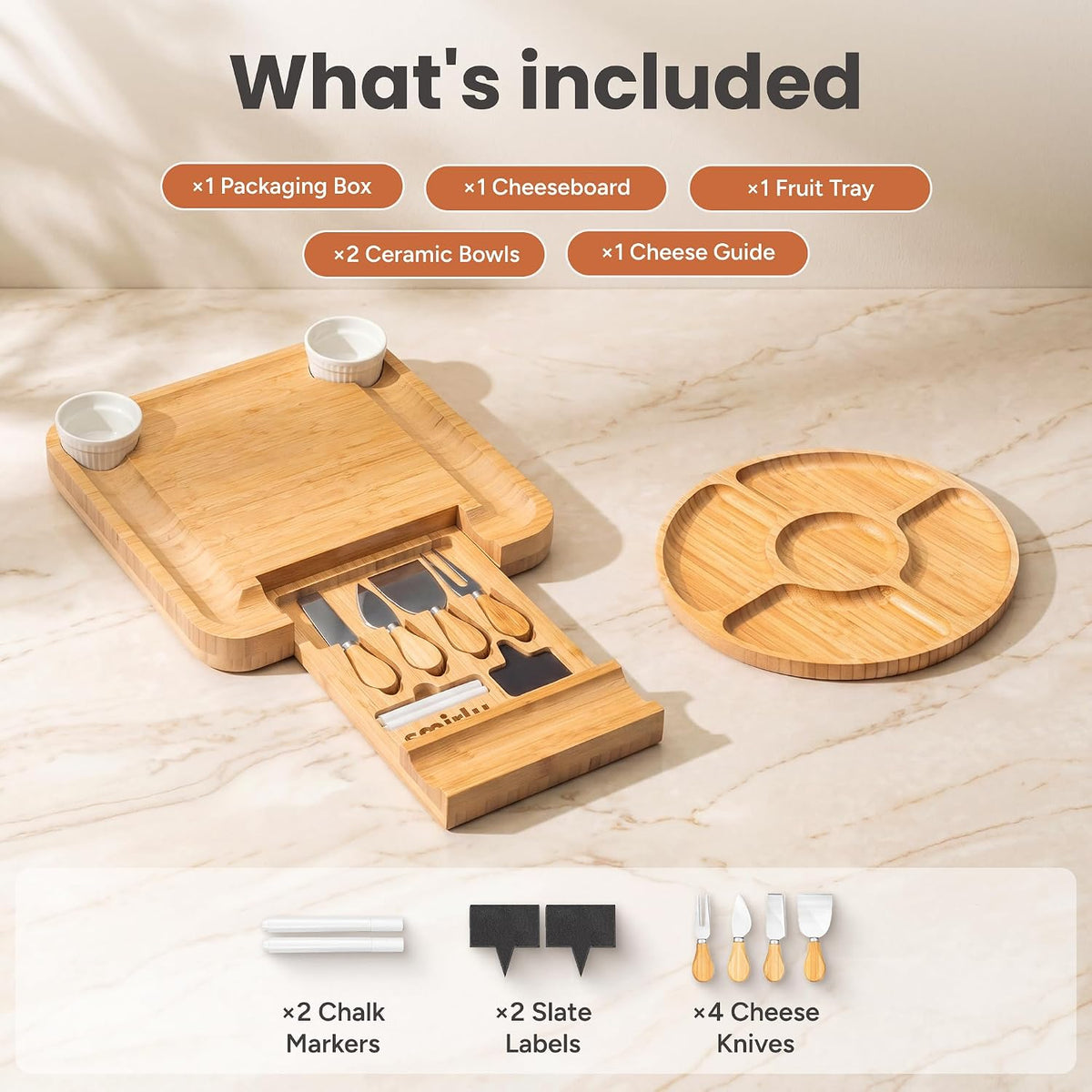 built-in grooves help organize bread, cookies, or small serving items