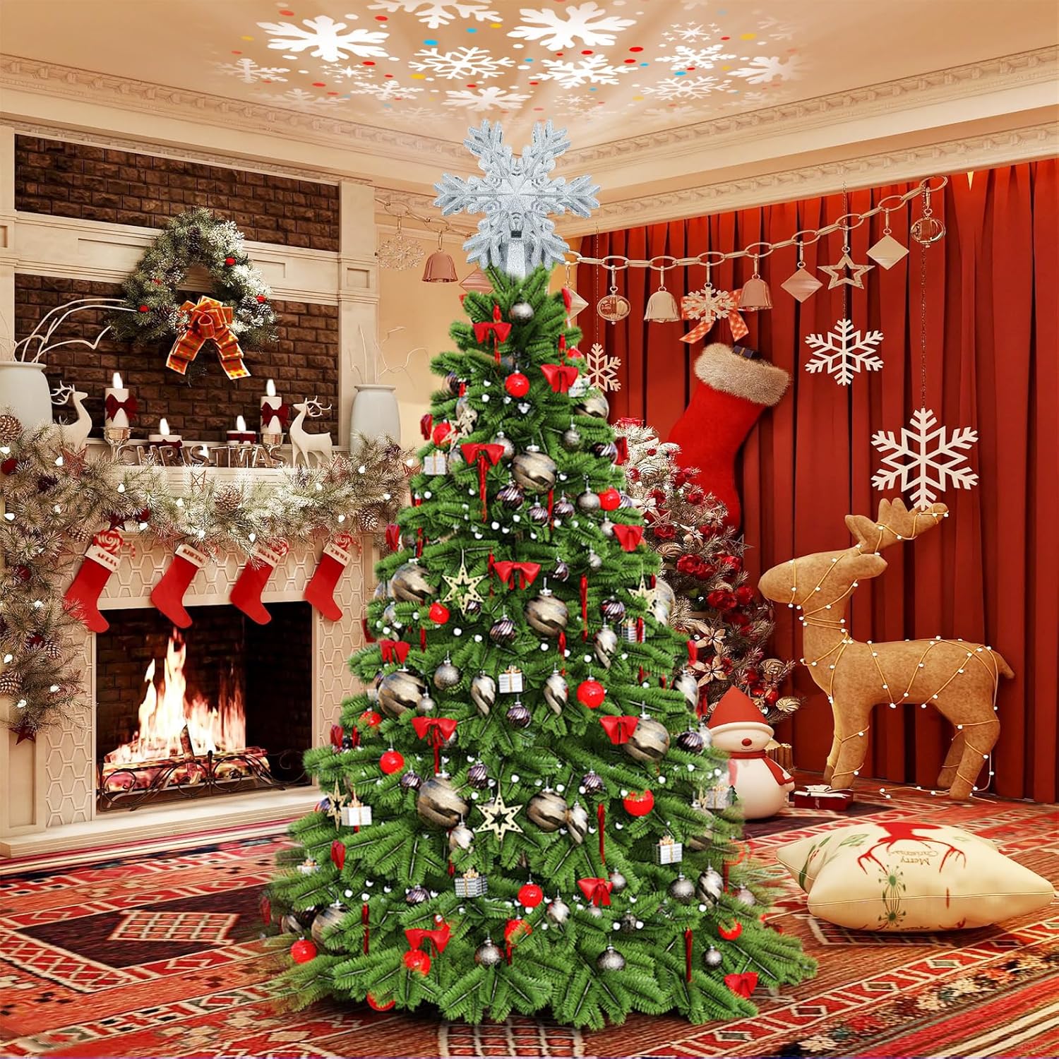 built-in led projector with auto-rotating motor that casts moving snowflakes on the ceiling