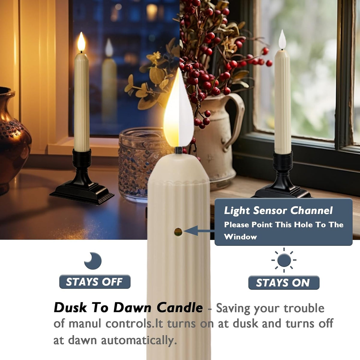 built-in light sensor with a tiny orientation hole for automatic dusk-to-dawn operation