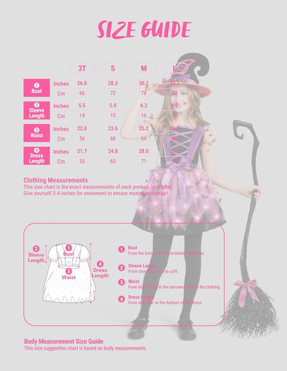Spooktacular Creations Kids Witch Costume with Hat and Broom – Light-Up Dress Up Outfit for Girls Ages 3-12 in Pink, Blue, Orange, Purple