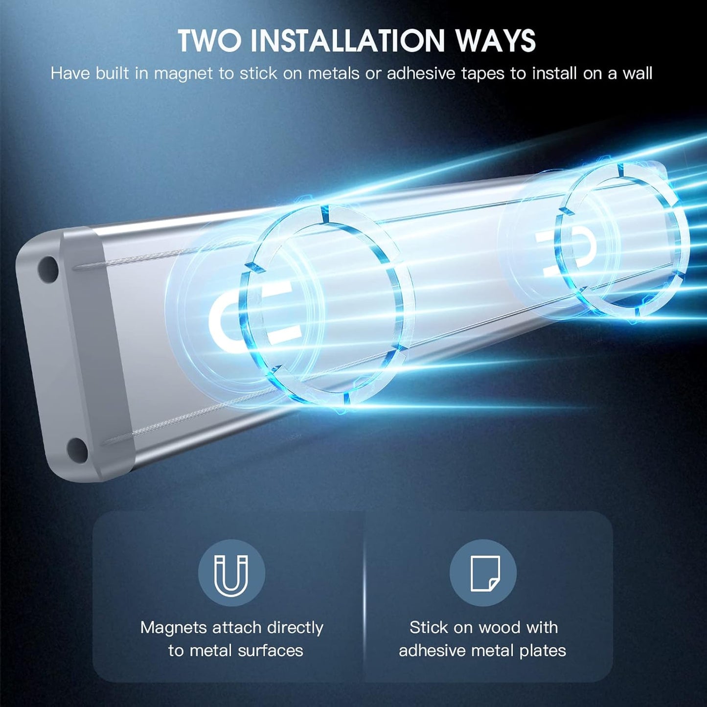 built-in magnets with included adhesive metal plates for tool-free mounting
