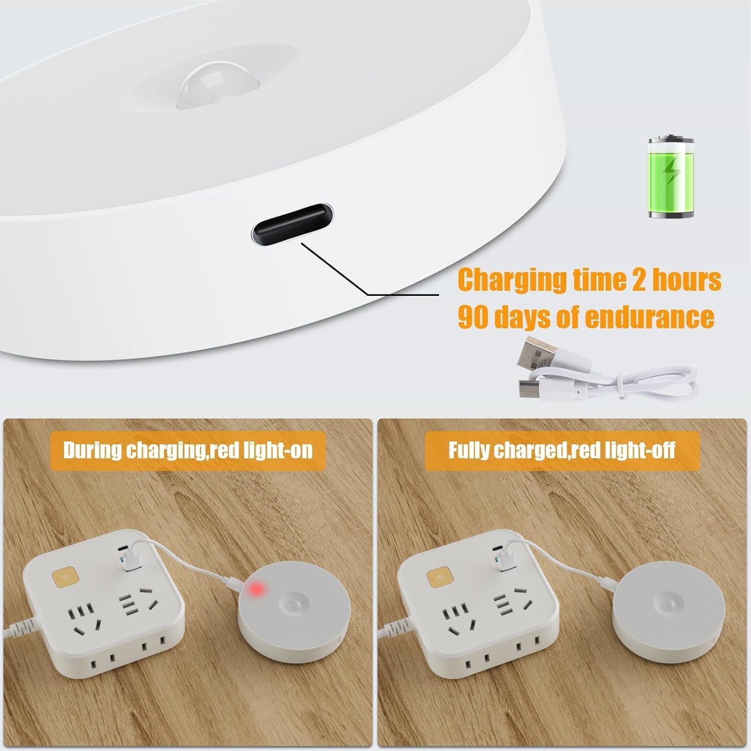 built-in rechargeable battery with usb charging, 90+ days in auto mode, 8-12 hours constant