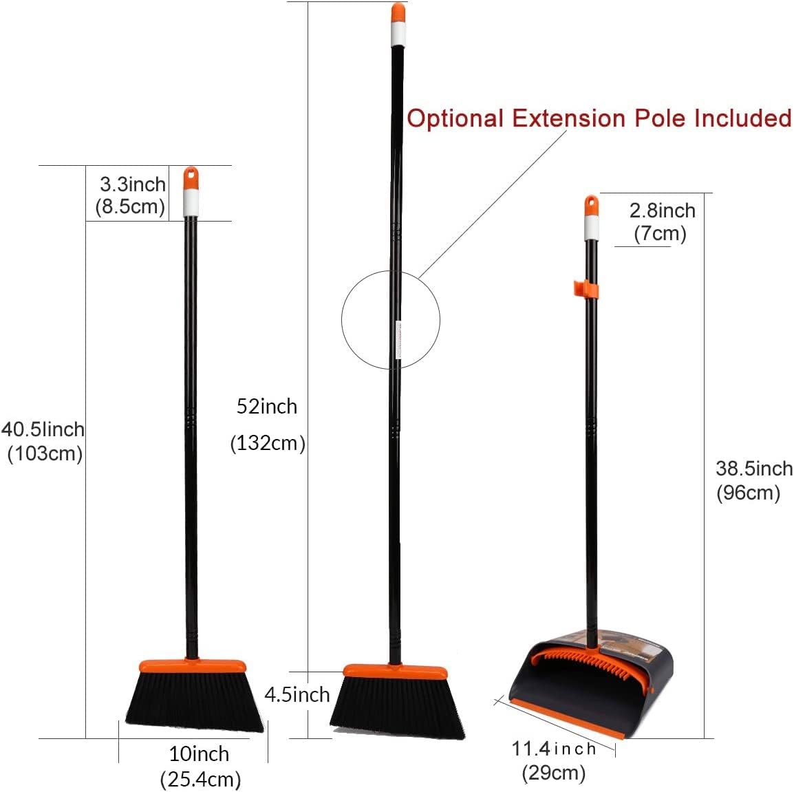built-in scraper and comb/teeth on dustpan for one-pull broom cleaning