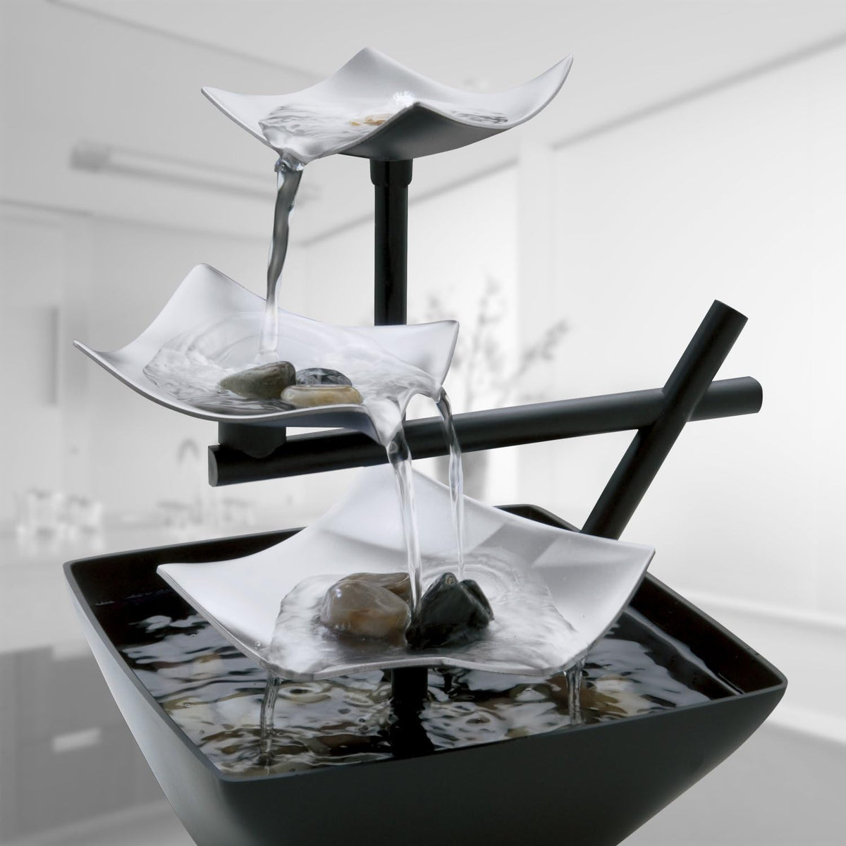 built-in soft lighting that reflects off the moving water to create a gentle nighttime glow