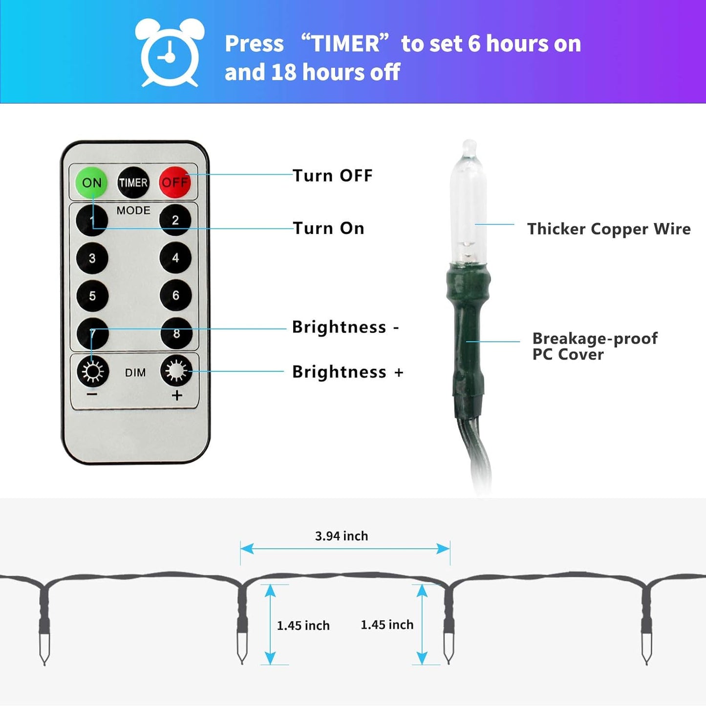 built-in timer with 6-hours-on / 18-hours-off automatic cycle