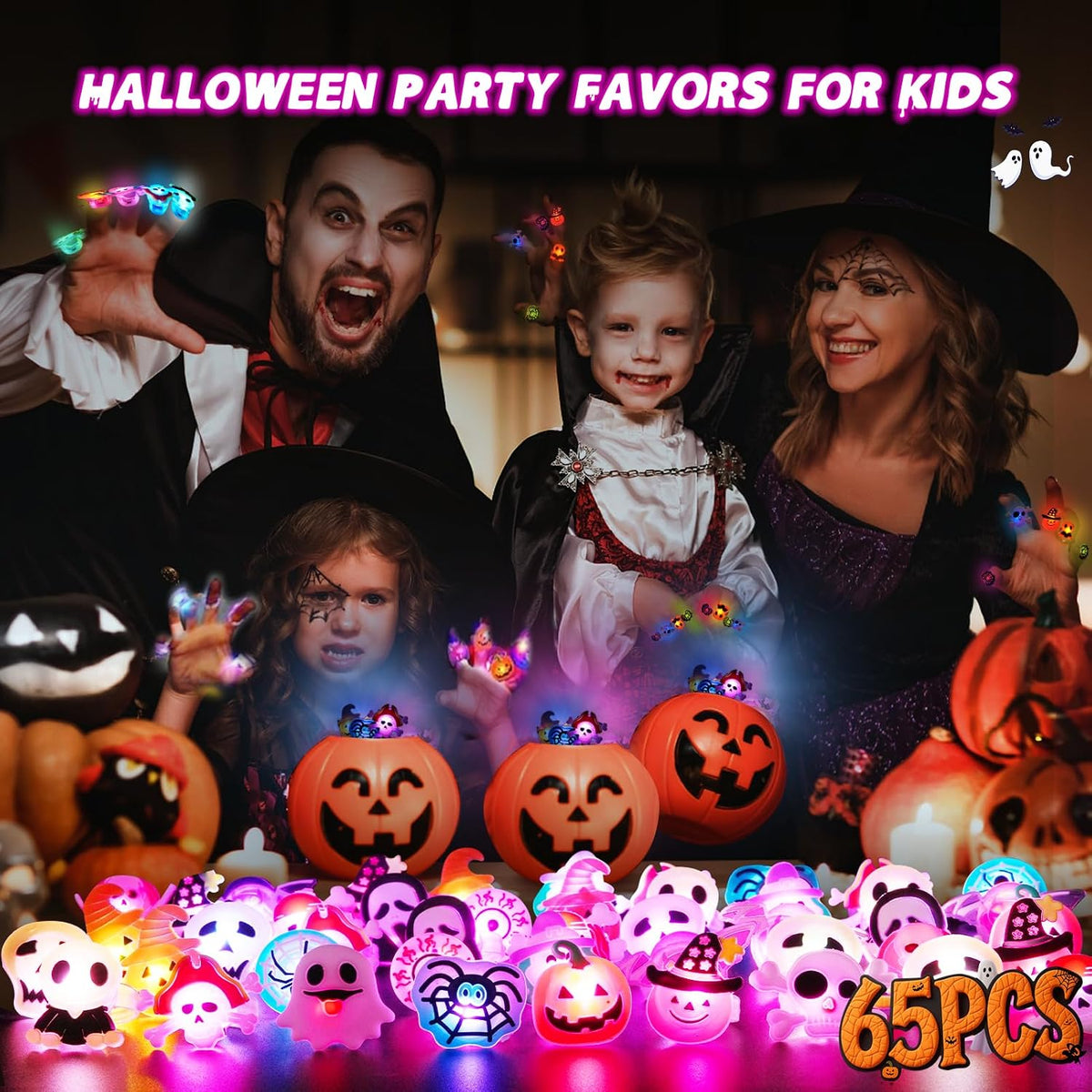 Funeluv Halloween Bulk Party Favor Set – 65PCS Light Up Glow Toys in Spooky Shapes, Thoughtful No-Candy Gift Idea for School Parades, Daycare Parties and Scout Meetings