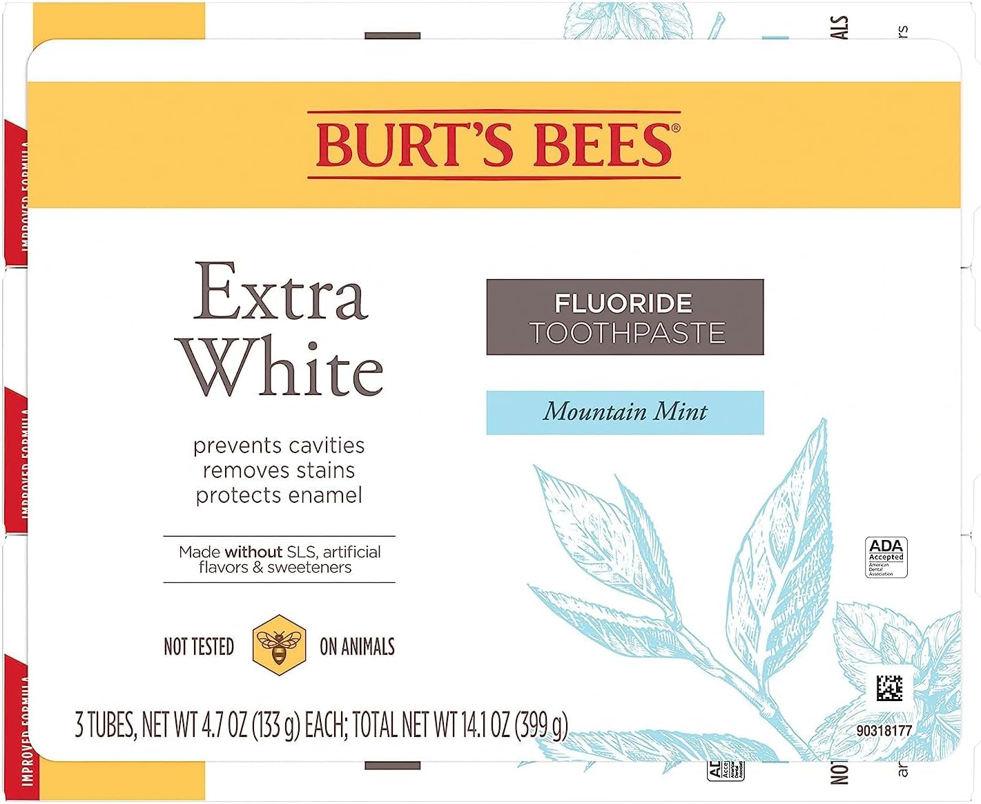 Burt's Bees Extra White Toothpaste – Self-Care Birthday Gift for Mom with Gentle Whitening Mint Paste, 4.7 oz Pack of 3