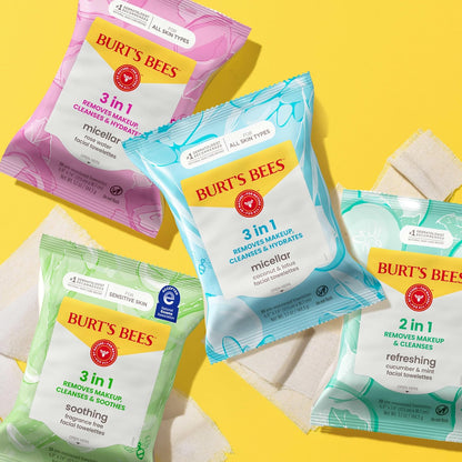 Burt's Bees Micellar Rose Water Face Cloths – Clutter-Free Skincare Shelf Upgrade, Gentle 3-in-1 Wipes