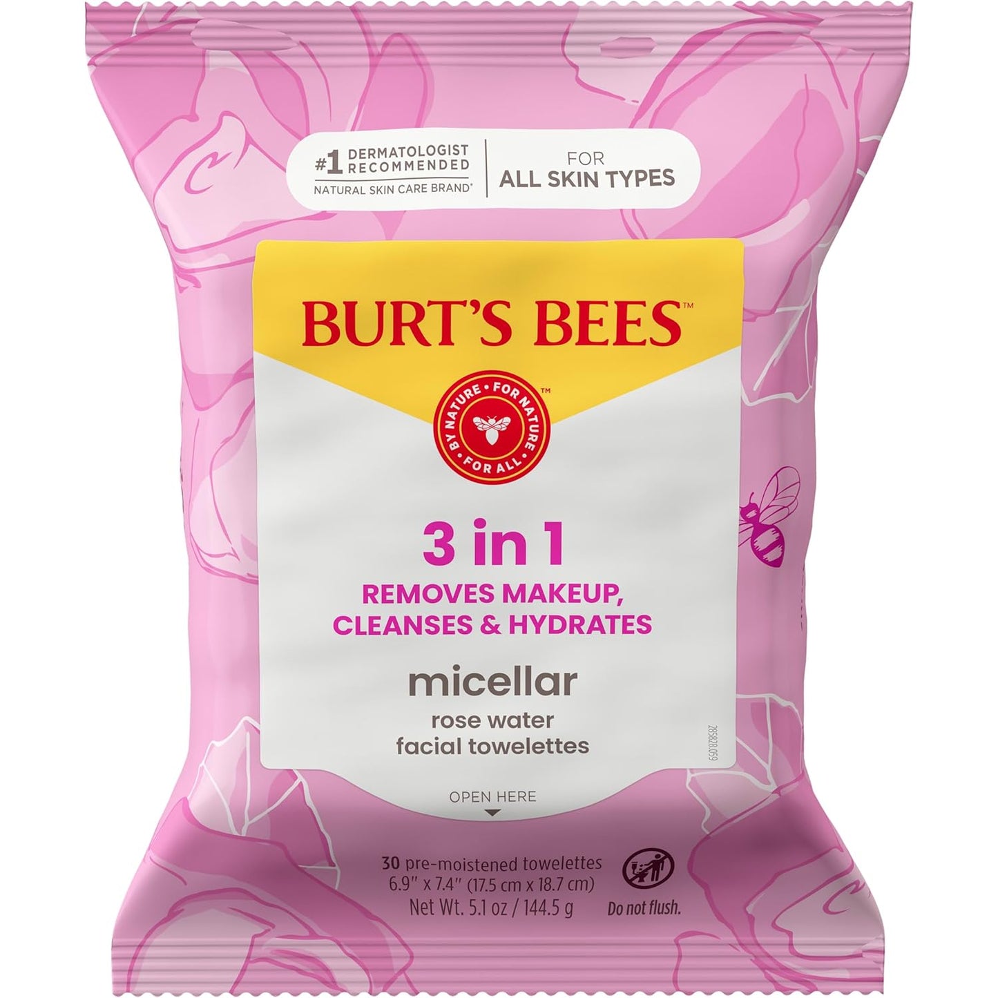 Burt's Bees Micellar Rose Water Face Cloths – Clutter-Free Skincare Shelf Upgrade, Gentle 3-in-1 Wipes