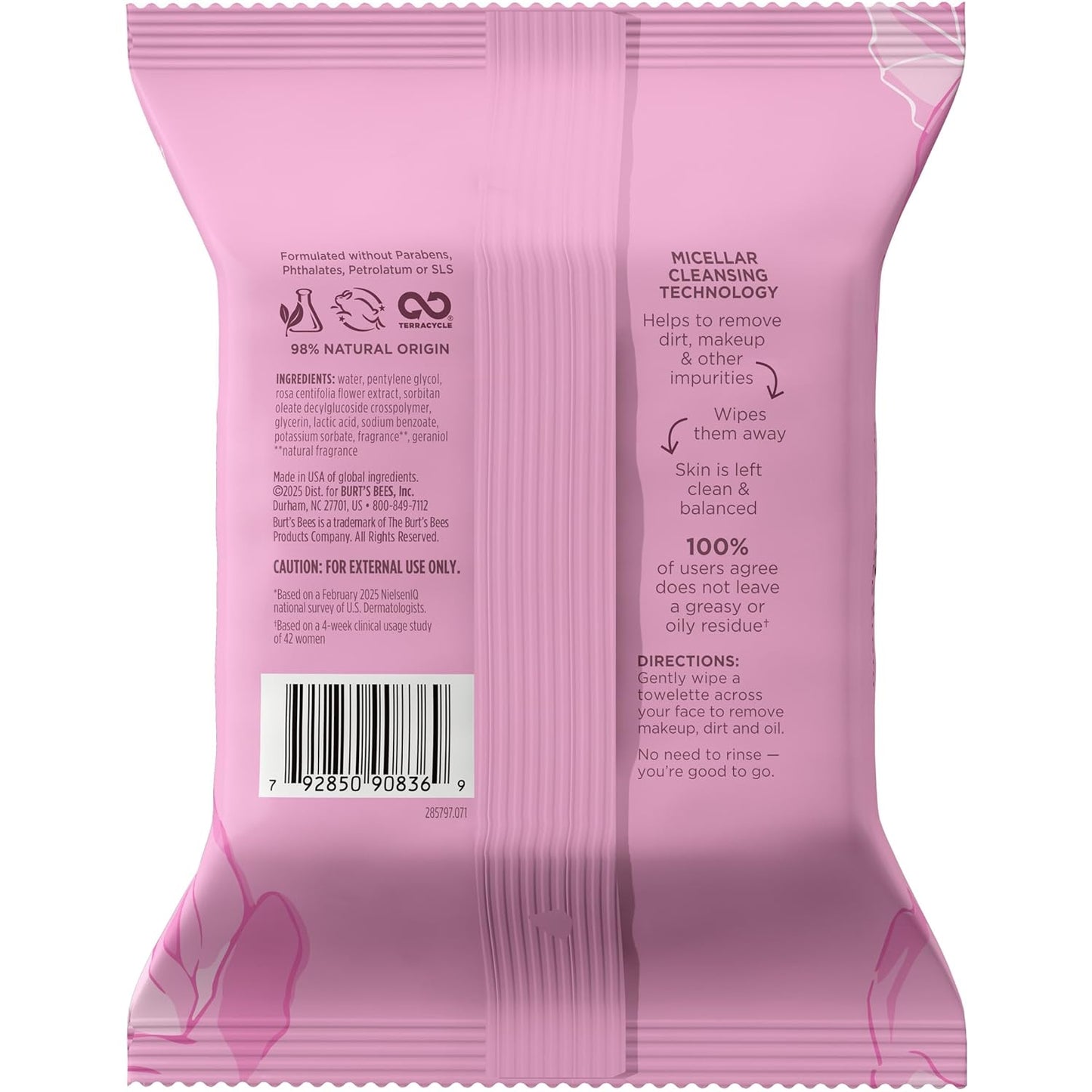 Burt's Bees Micellar Rose Water Face Cloths – Clutter-Free Skincare Shelf Upgrade, Gentle 3-in-1 Wipes