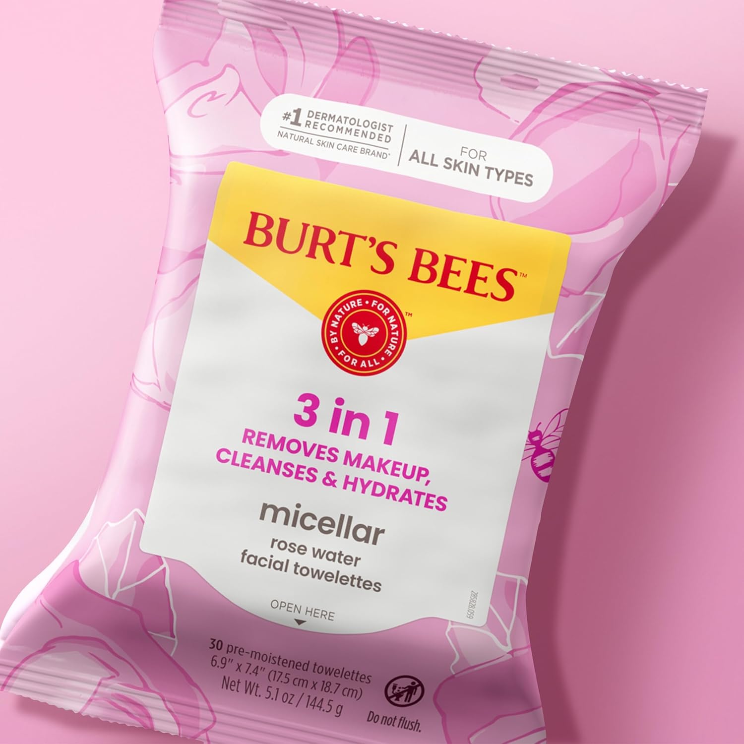 Burt's Bees Micellar Rose Water Face Cloths – Clutter-Free Skincare Shelf Upgrade, Gentle 3-in-1 Wipes