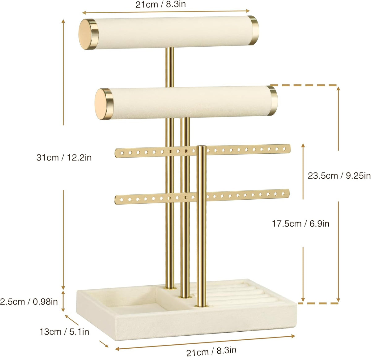 bussdis 3 Tier Jewelry Organizer – Beautiful Mother's Day Gift for Women, Gold and Beige Velvet Display Stand