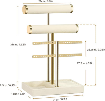 bussdis 3 Tier Jewelry Organizer – Beautiful Mother's Day Gift for Women, Gold and Beige Velvet Display Stand