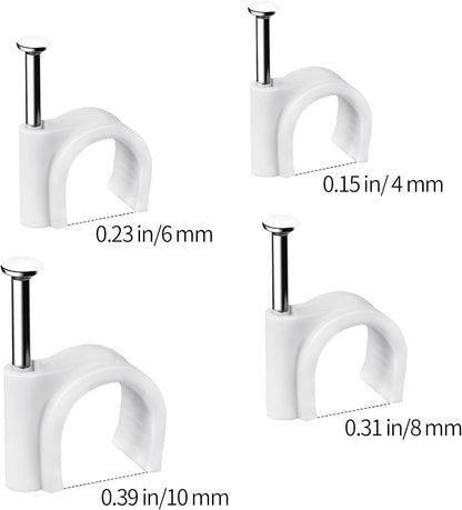 Cable Clips – Tidy Office Cable Run Organizer for Routers and PCs, 100pc Each Size Steel Nail Wire Tacks White Finish