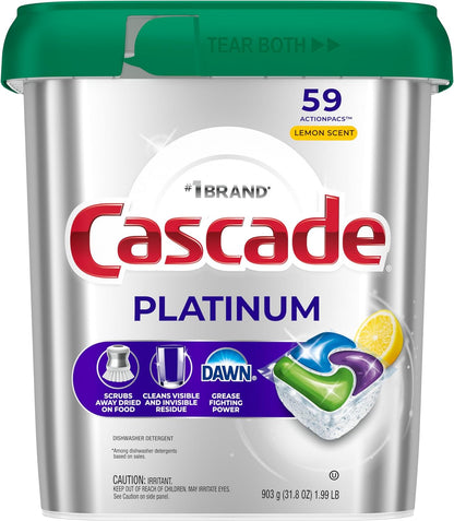 Cascade Platinum Lemon Dishwasher Soap – Family Dining Area Pods, 59 Count Premeasured