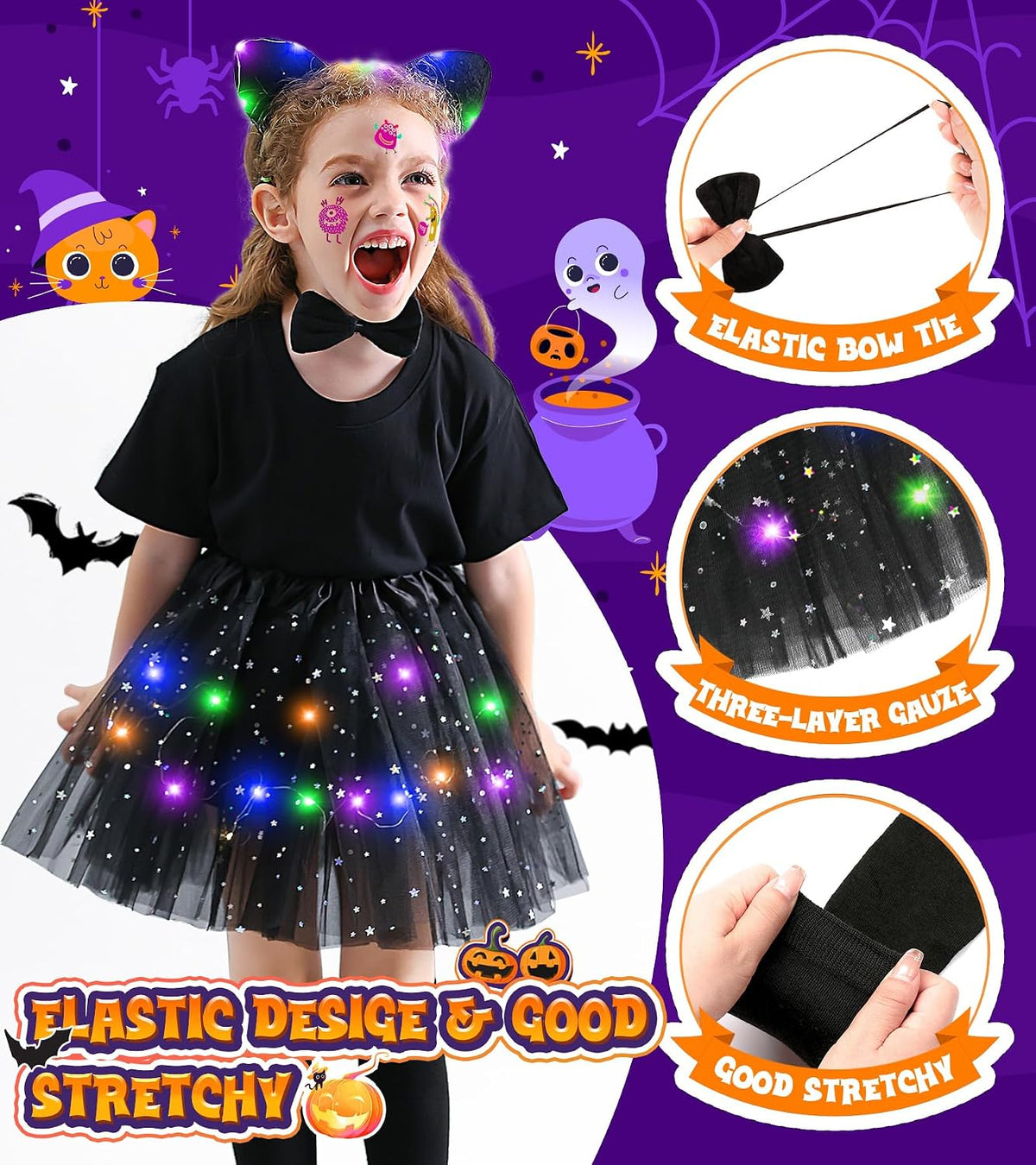 Cat Costume for Girls Age 3-8, Birthday Gift for Kids Light Up Tutu Halloween Set