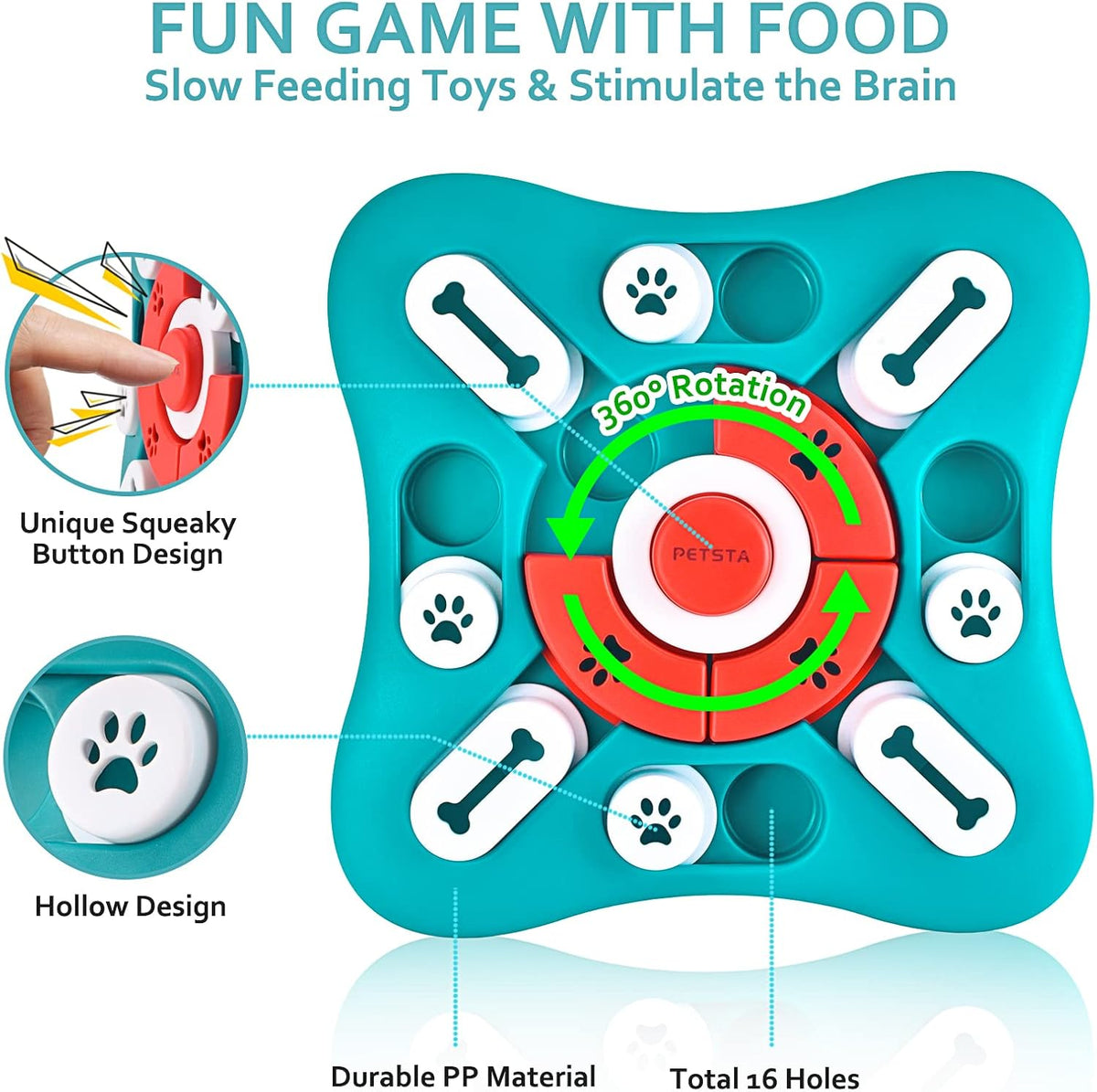 central squeak button to attract pet attention and initiate play