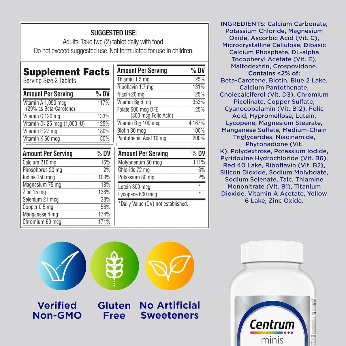 Centrum Minis Silver Men 50 Plus Multivitamin – Streamlined Gluten-Free Non-GMO Formula in a Simple 280-Count Bottle