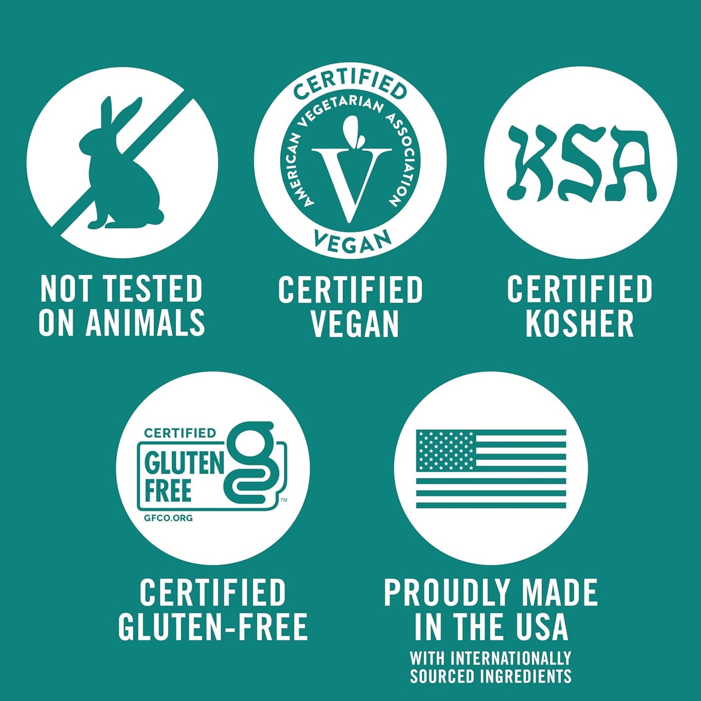 certified vegan, gluten-free, kosher, halal, and not tested on animals