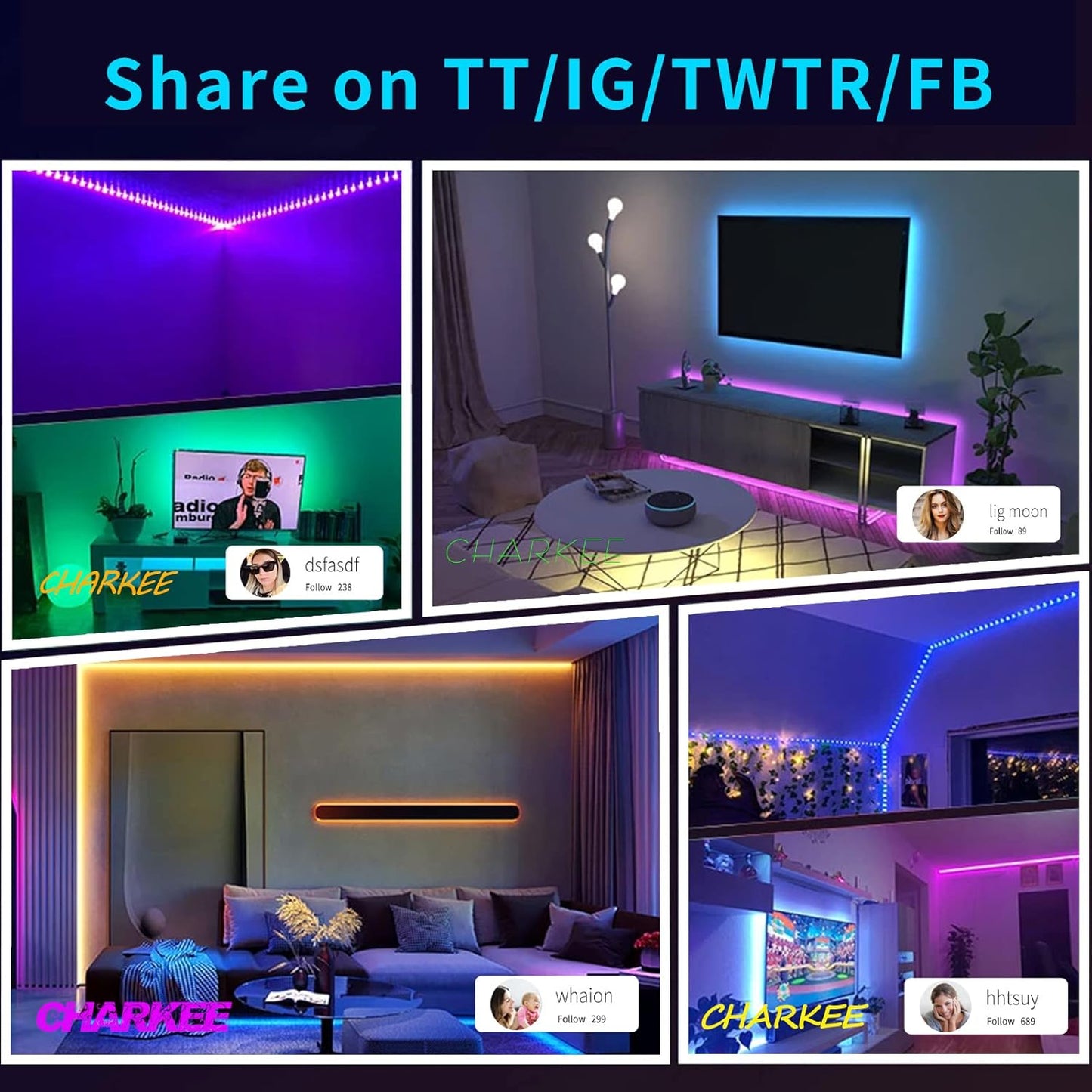 CHARKEE Worry Free LED Strip Lights, USB 5V Smokeless RGB Strip Light with Auto Shutoff Timer for Bedside TV and Nursery, Bluetooth App Remote