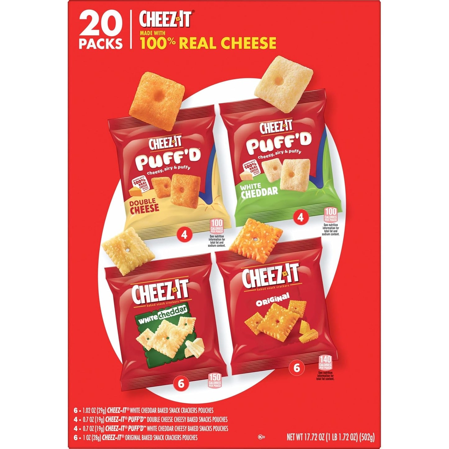 Cheez-It Cheese Crackers, Baked Snack Crackers, Family Favorite Snack for Gift Baskets and Party Favors, 17.72oz Box (20 Pouches)