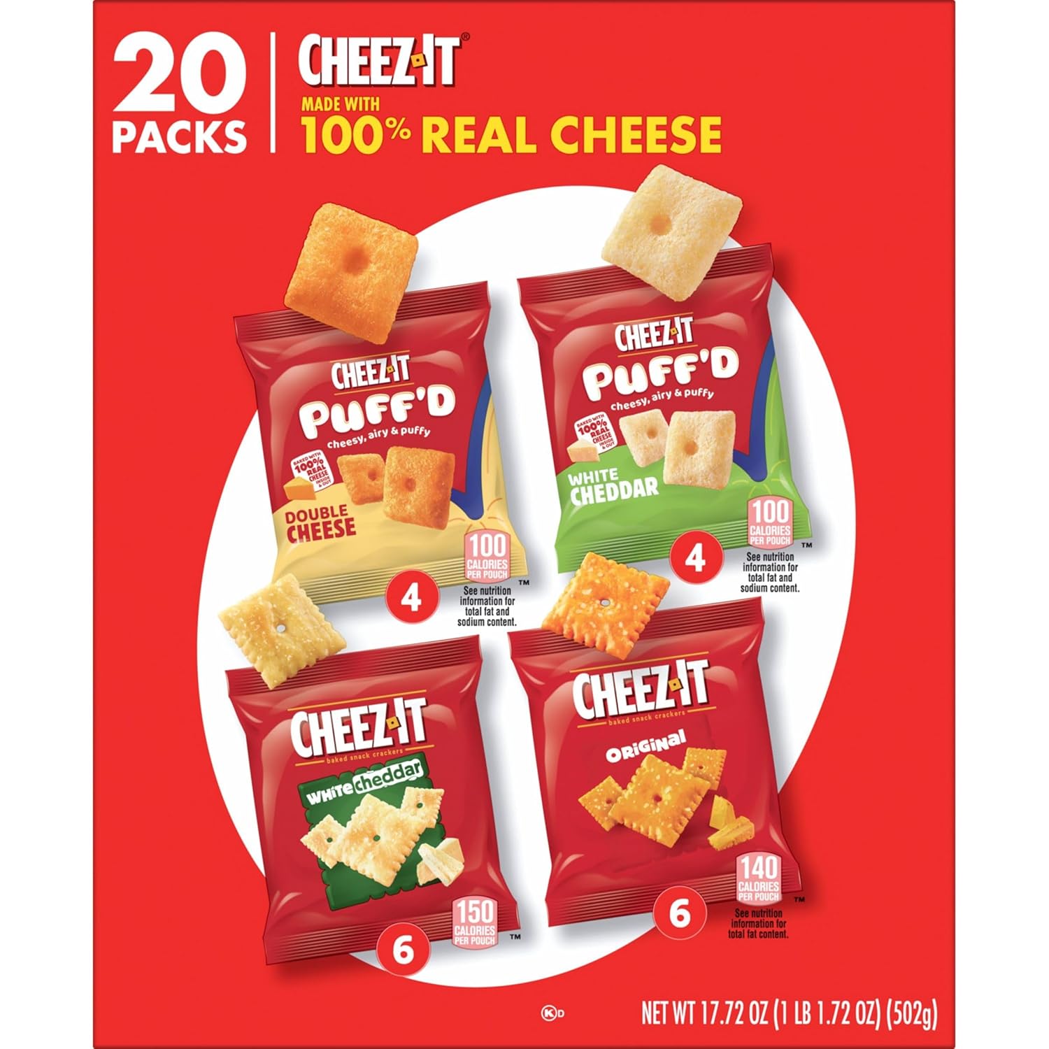 Cheez-It Cheese Crackers, Baked Snack Crackers, Family Favorite Snack for Gift Baskets and Party Favors, 17.72oz Box (20 Pouches)