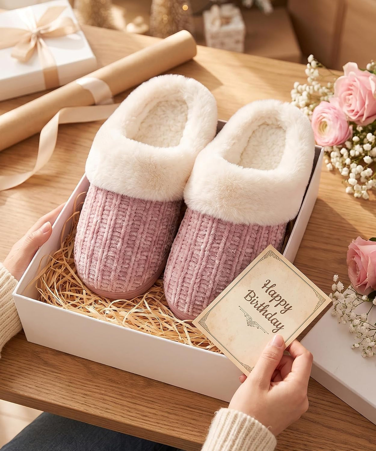 Evshine Memory Foam Slipper – Calming Nightly Routine House Shoe, Fuzzy Chenille Knit for Women