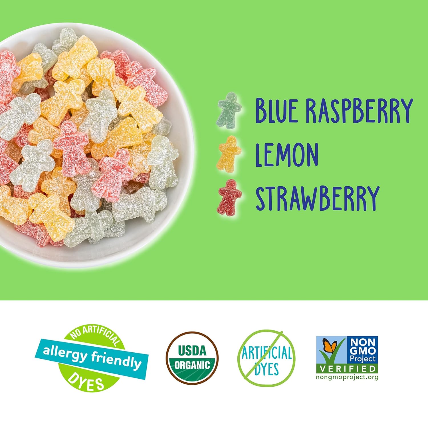 chewy gummy candy consistency in three classic fruity sour flavors