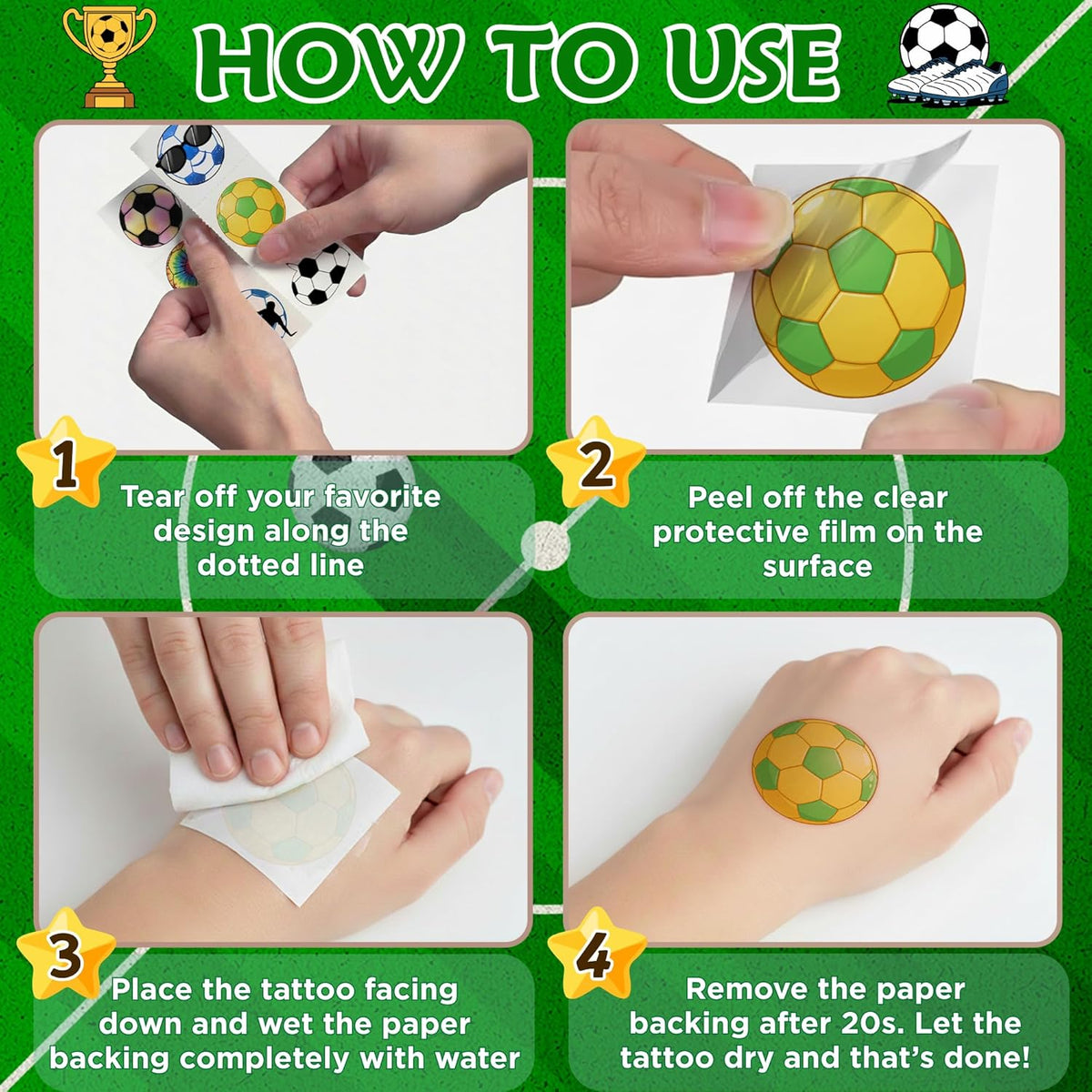 Child Safe Soccer Tattoo Stickers – 96 Hypoallergenic Designs for Sensitive Skin Kids