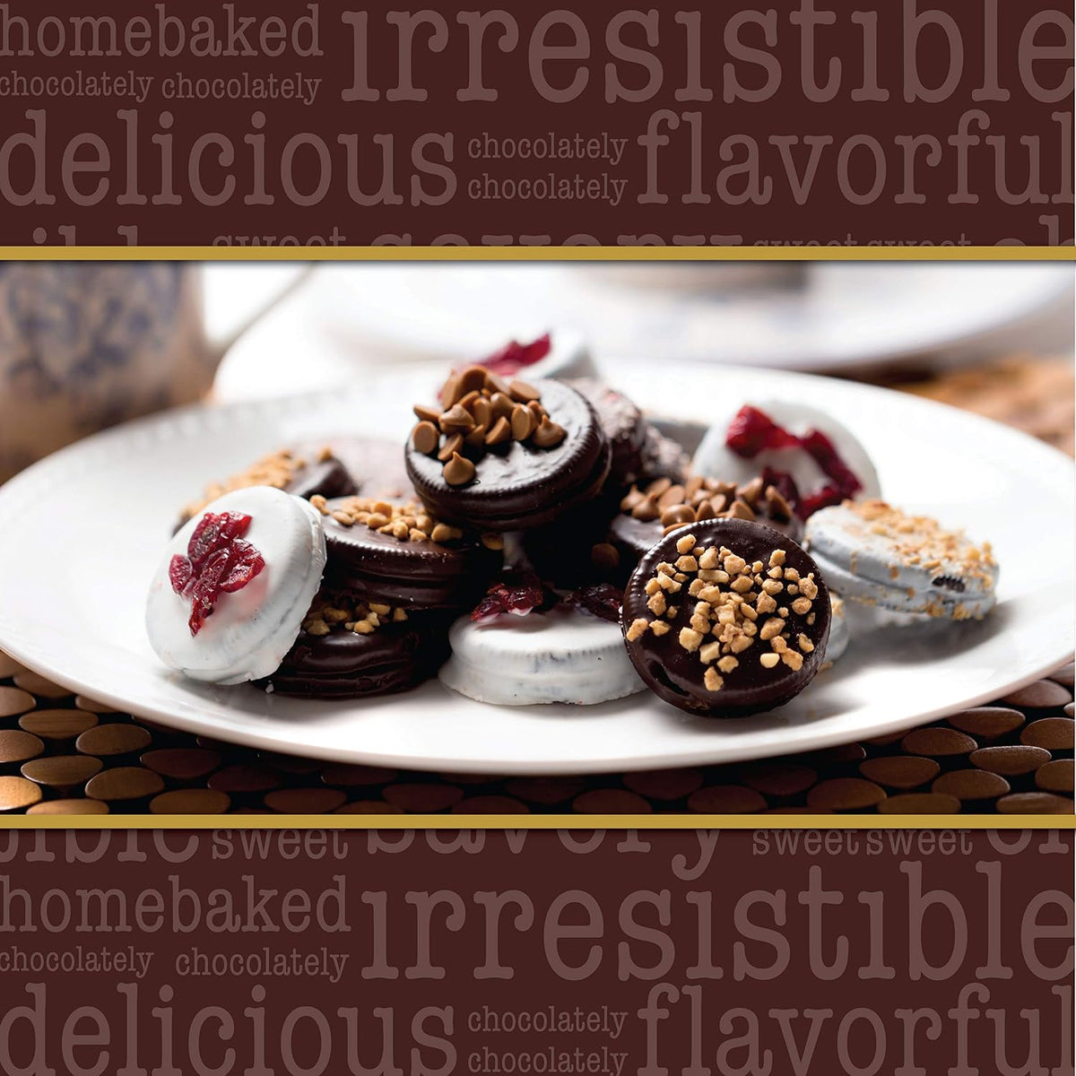 chocolate-covered sandwich cookies with assorted toppings