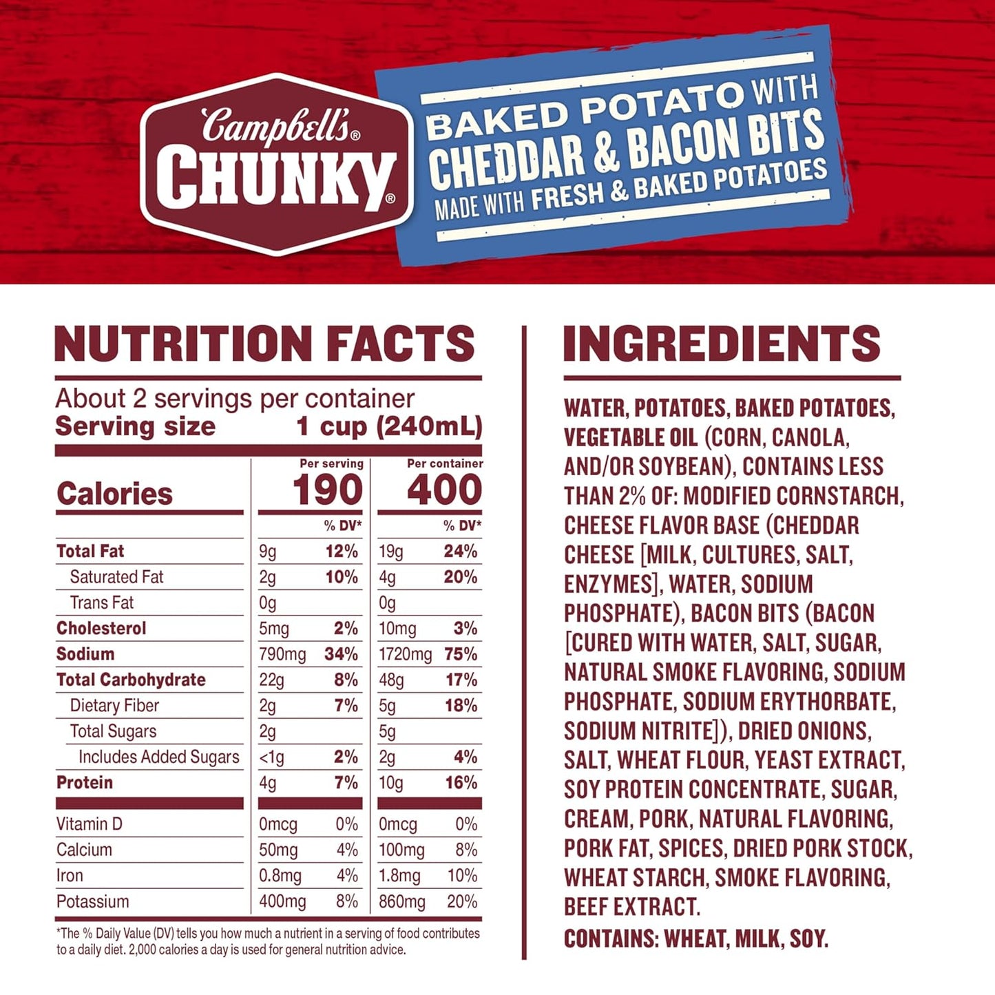 chunky texture with real potato chunks, cheddar cheese, and bacon bits