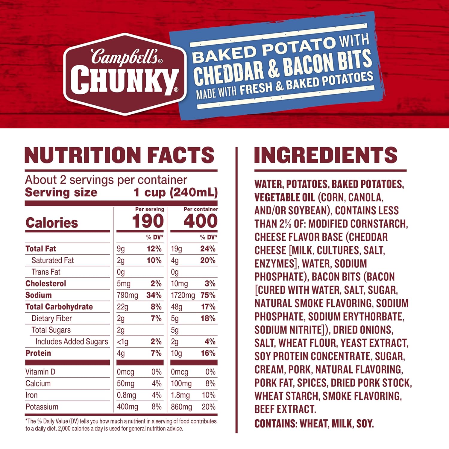 chunky texture with real potato chunks, cheddar cheese, and bacon bits