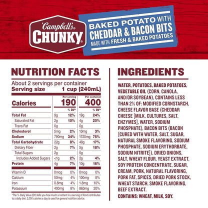 chunky texture with real potato chunks, cheddar cheese, and bacon bits