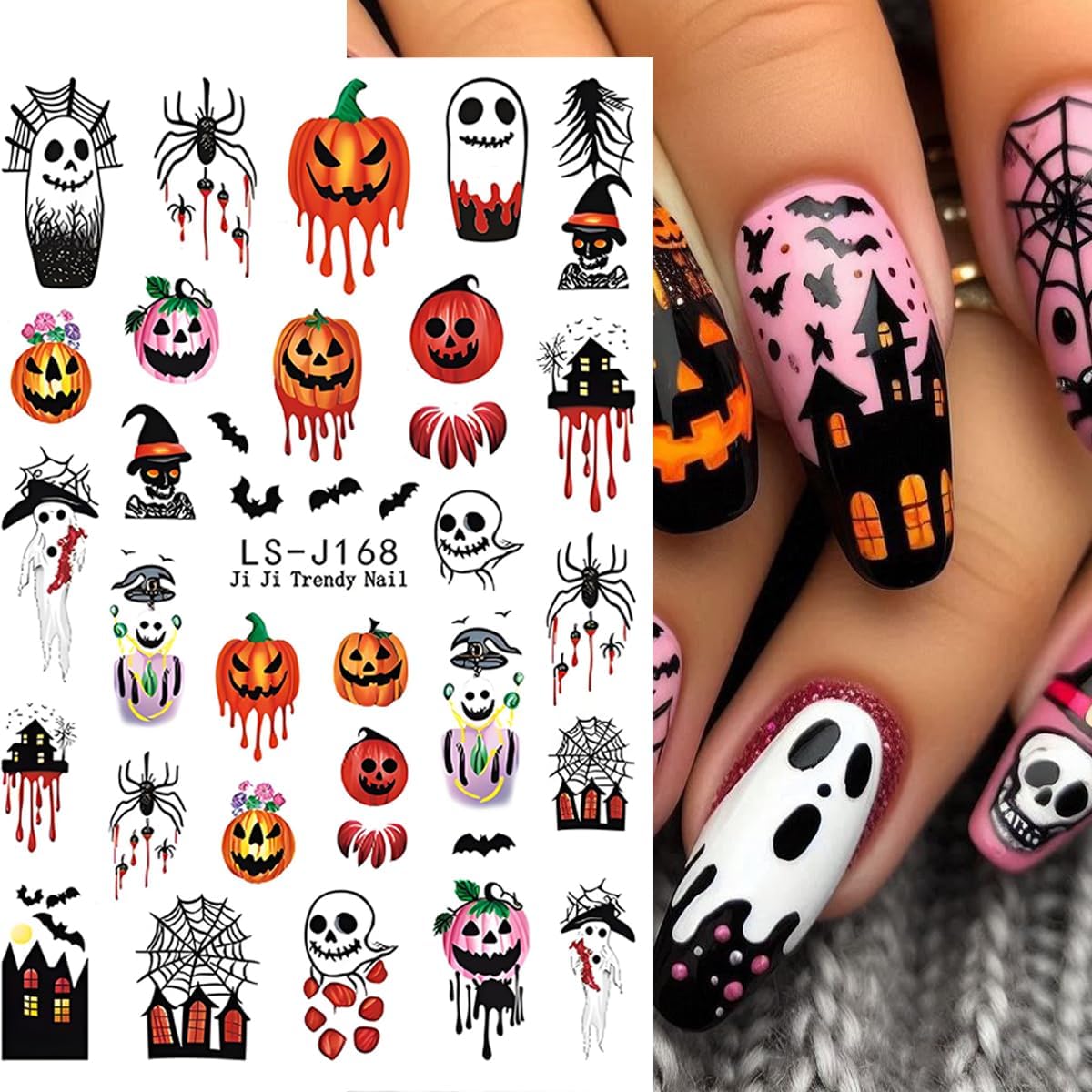 classic halloween motifs including pumpkin, ghost, skull, bat, spider web, and maple leaf