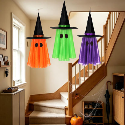 classic pointed witch hat pre-attached to each ghost for instant halloween styling