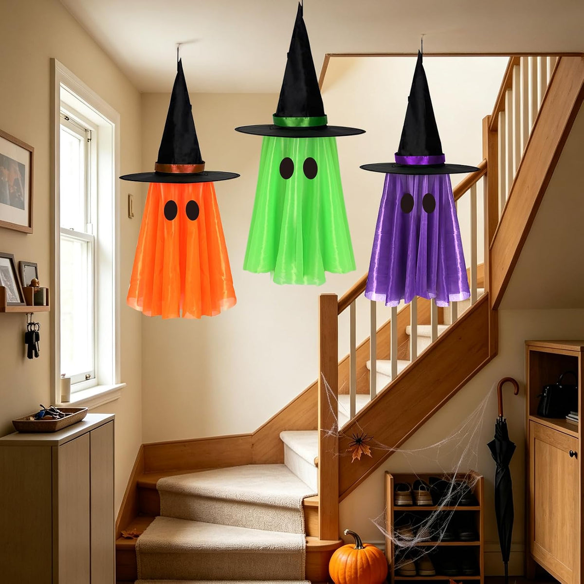 classic pointed witch hat pre-attached to each ghost for instant halloween styling