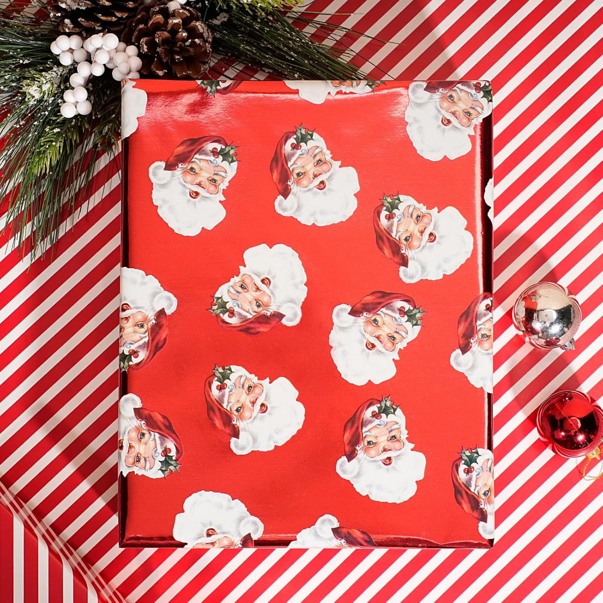 classic santa design combines vintage santa illustrations with a reverse-side candy cane stripe pattern