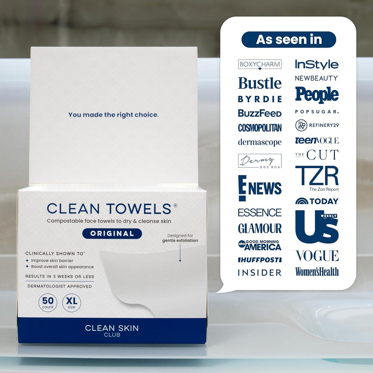 Clean Skin Club Clean Towels XL® – Hygienic Fresh-Every-Time Face Towel, Allergy Friendly Disposable