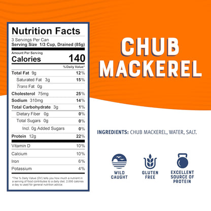 clean three-ingredient formulation: mackerel, water, salt