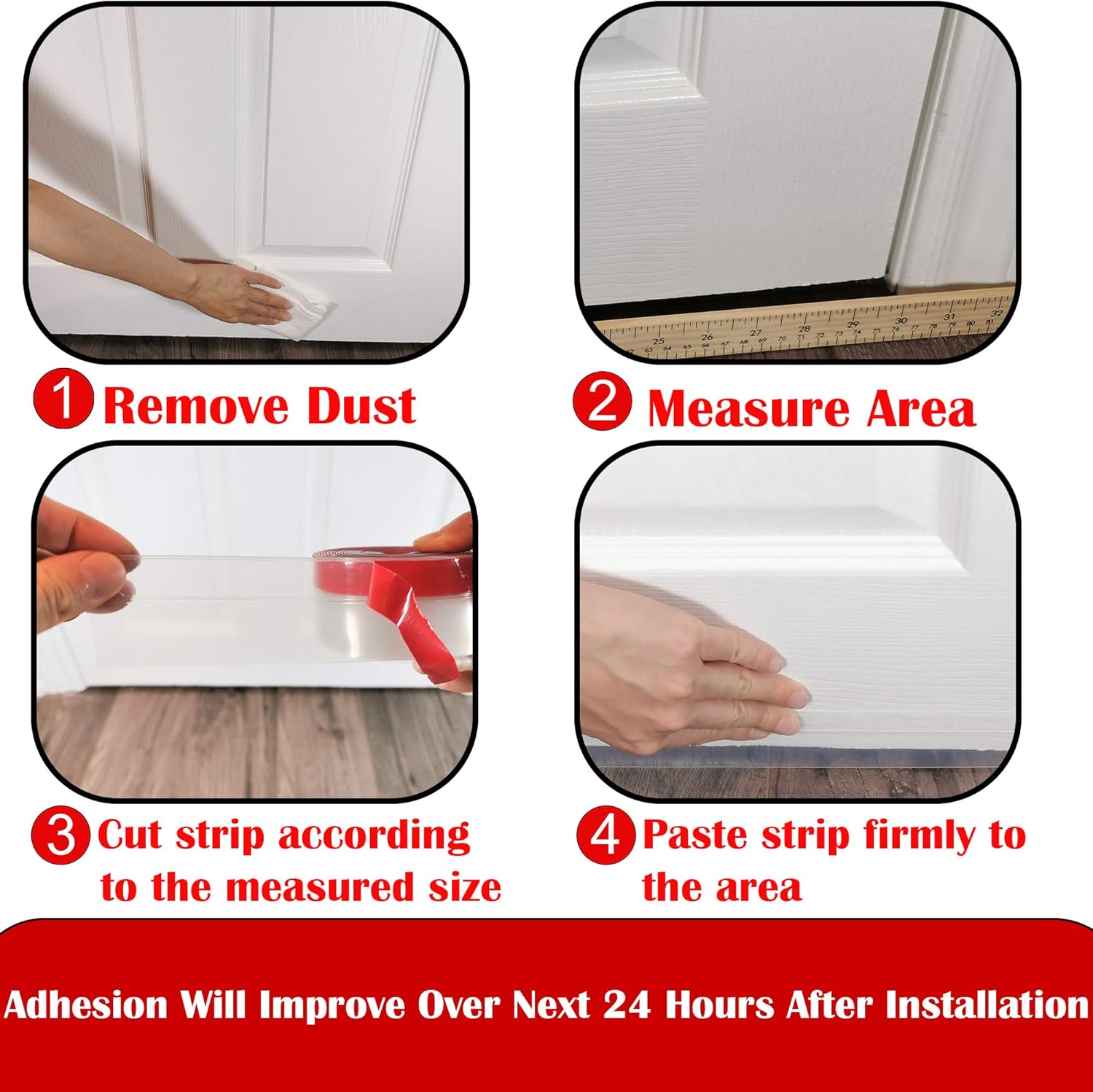 clear adhesive gummy with red release liner for clean peel-and-stick installation