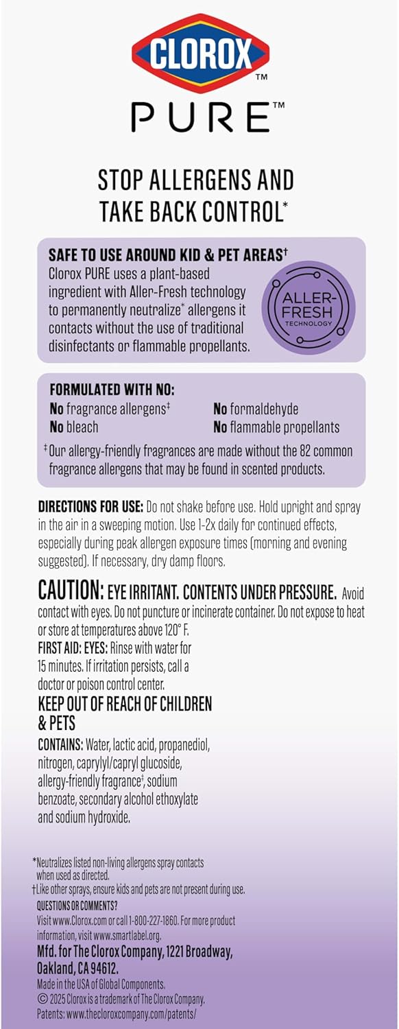 Clorox PURE Allergen Neutralizer Nighttime Calm – Gentle Allergen-Neutralizing Spray for Nurseries, Playrooms, and Family Living Areas