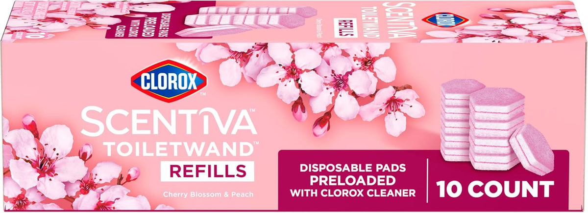 Clorox Scentiva ToiletWand Refills – Less-Mess Disposable Pads for Minimalist Apartment Bathroom, Cherry Blossom and Peach, 10 Pack