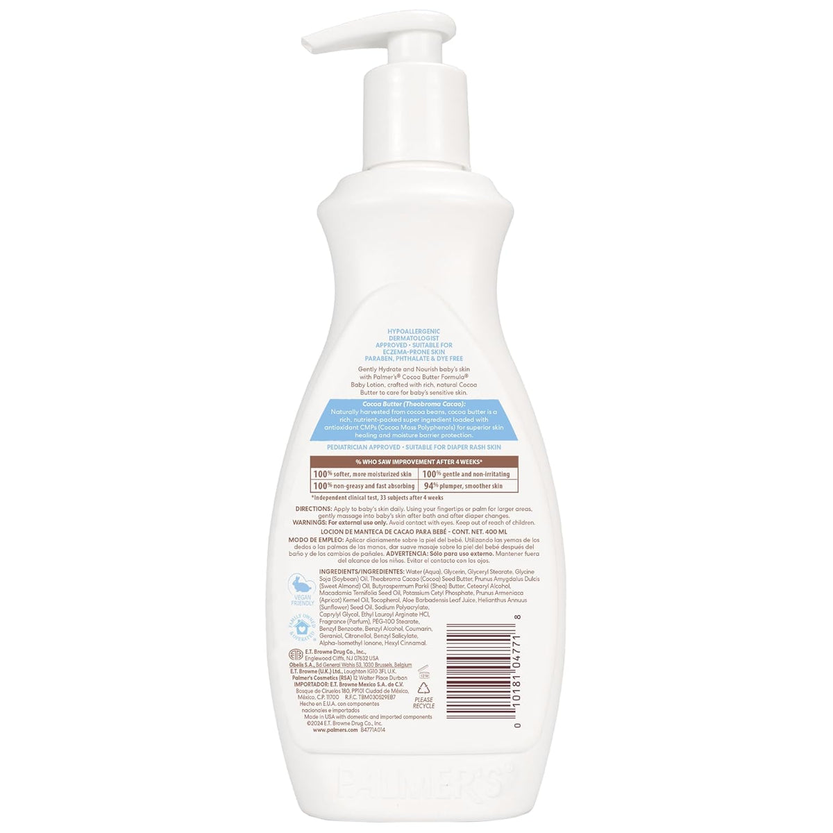 cocoa butter formula enriched with vitamin e, aloe, shea butter, apricot oil, and sweet almond oil