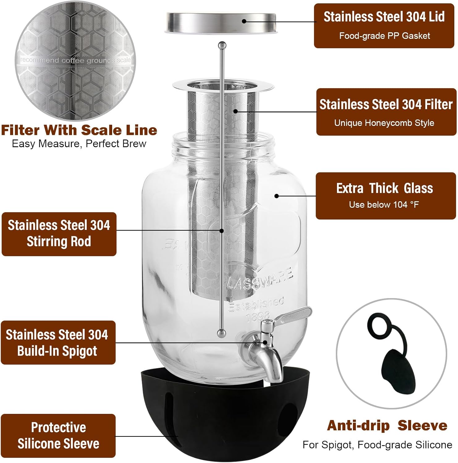 Cold Brew Maker with Lifetime Glass Replacement – Reliable Heavy Duty Dispenser for Everyday Home Use