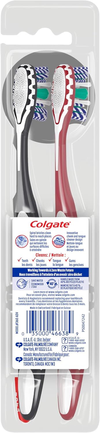 Colgate 360 Optic White Advanced Whitening Toothbrush – Holiday Stocking Stuffer for the Wellness Lover, 2 Pack