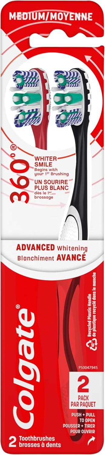 Colgate 360 Optic White Advanced Whitening Toothbrush – Holiday Stocking Stuffer for the Wellness Lover, 2 Pack